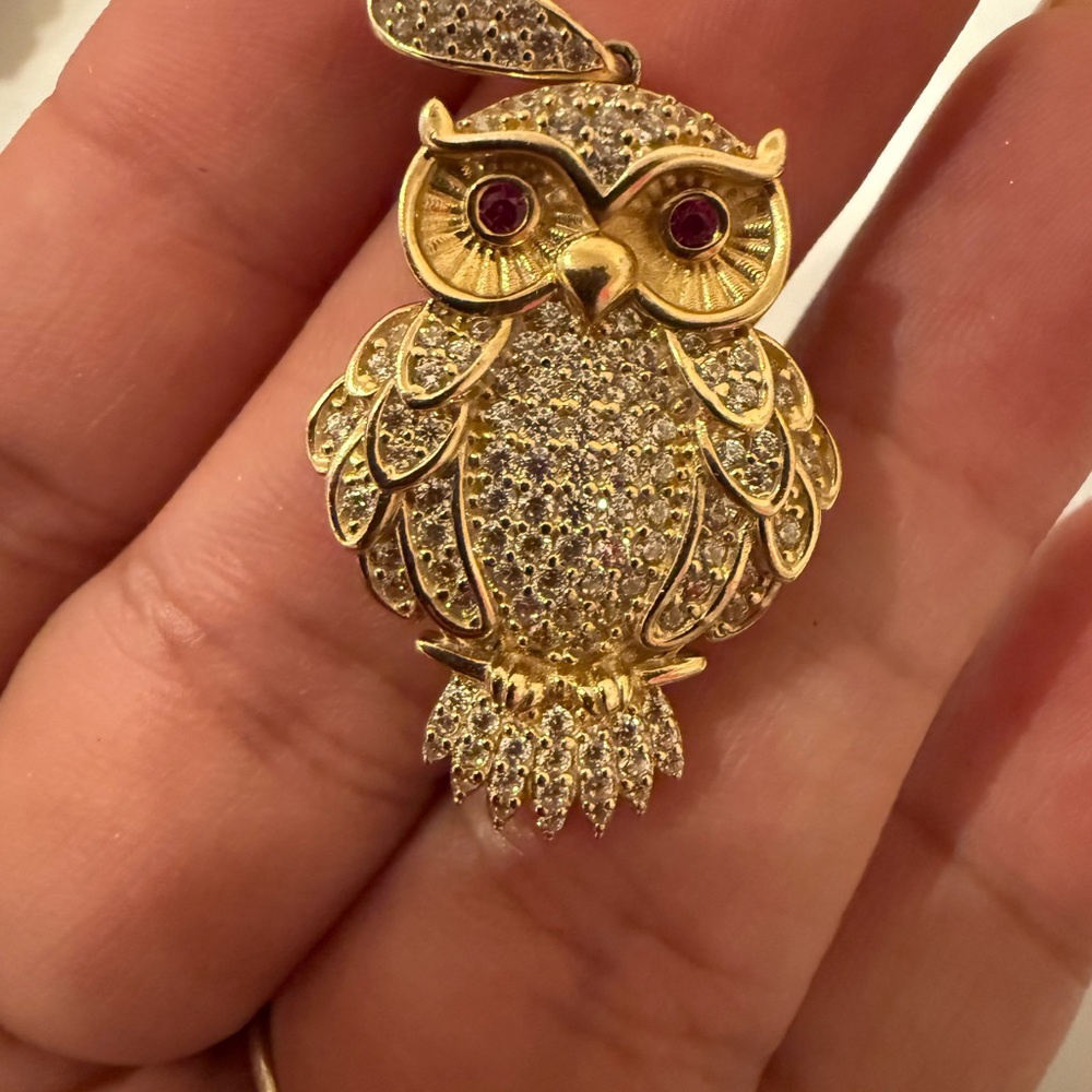 Gold Owl Pendant with Red Accents
